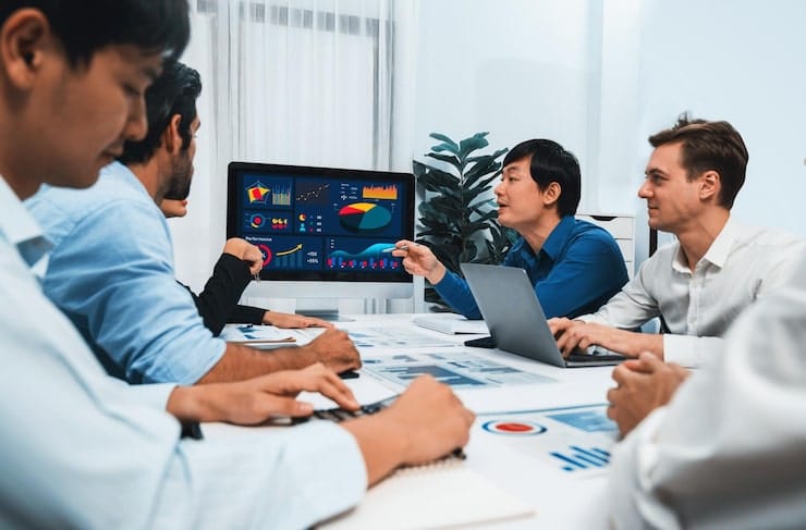Business team reviewing customer feedback and reputation risks