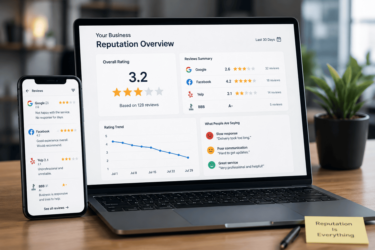 Business professional reviewing customer feedback and online reputation information