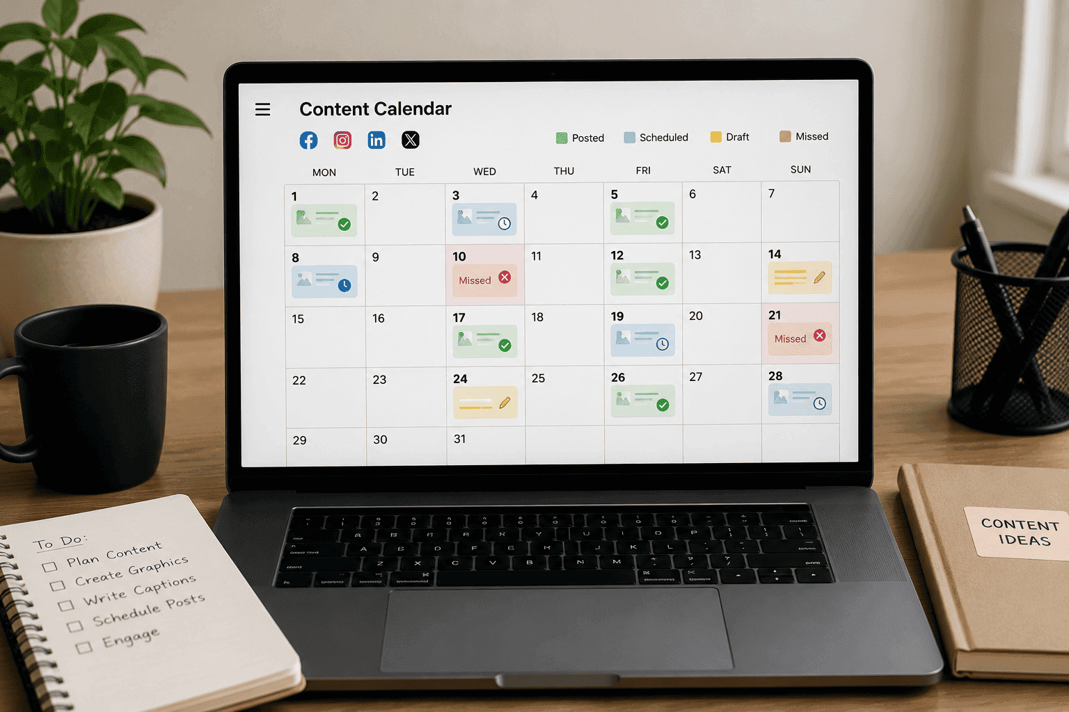 Content calendar representing organized social media publishing