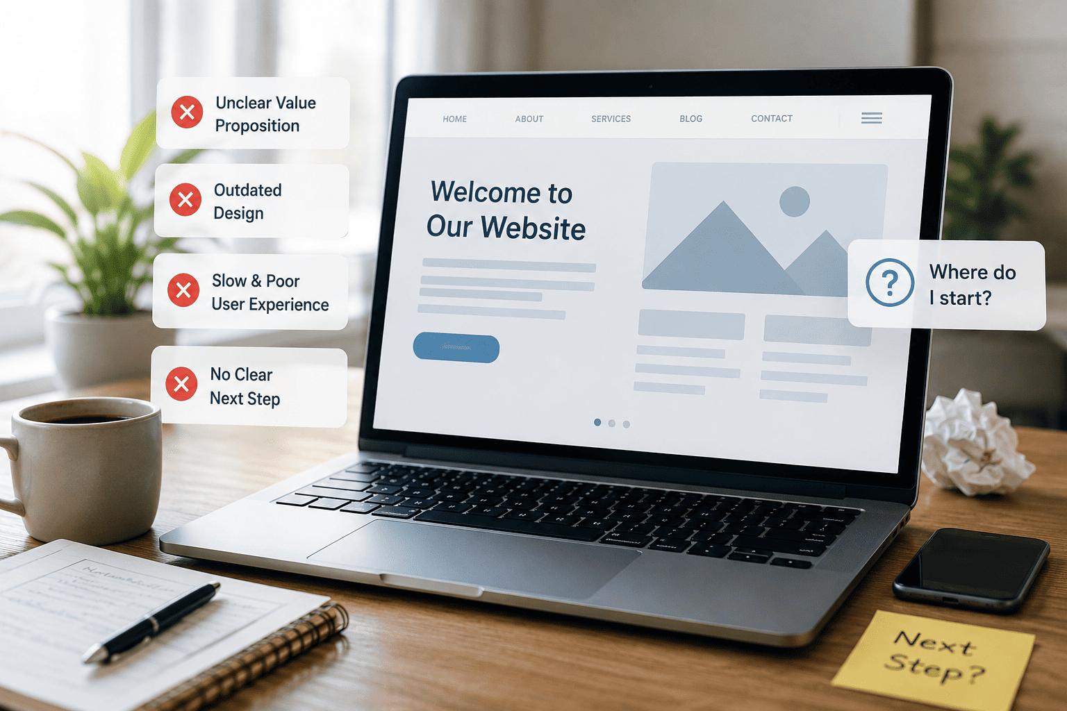 Business owner reviewing website usability and customer experience issues