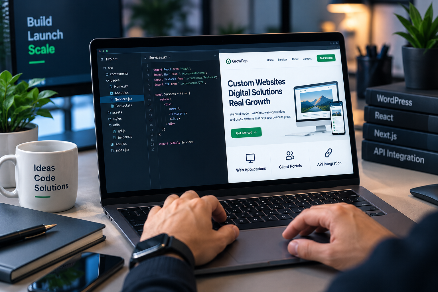 Developer planning a custom web application beside code displayed on multiple monitors