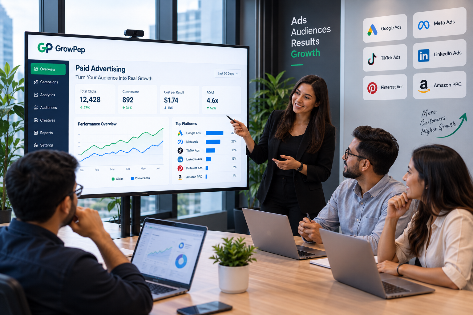 Marketing team discussing paid advertising campaign analytics during a business presentation