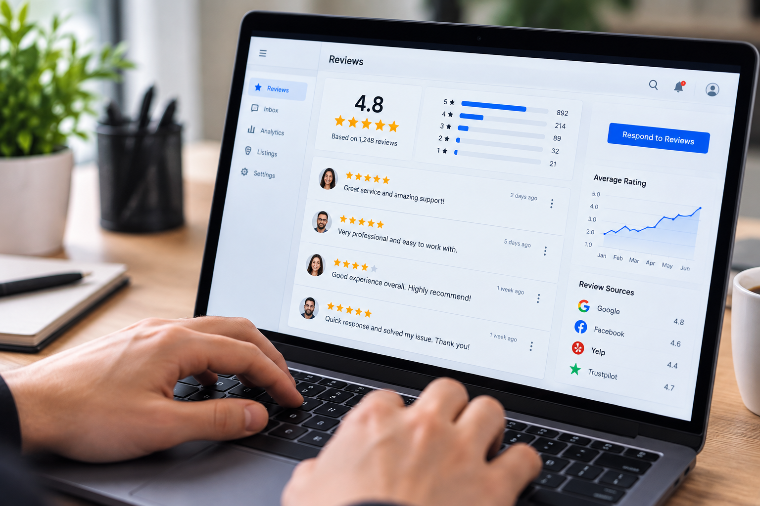 Business professional reviewing online customer feedback and reputation information on a laptop