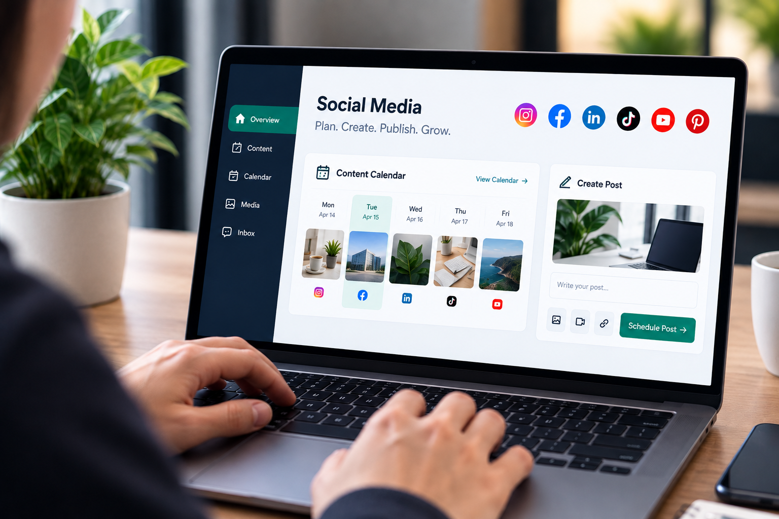Social media manager reviewing digital content and a business profile on a laptop